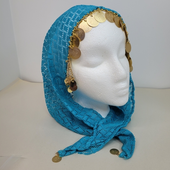 Egyptian Traditional Coins Scarf Vintage Head Dancing Accessories Blue Lace - Picture 1 of 4